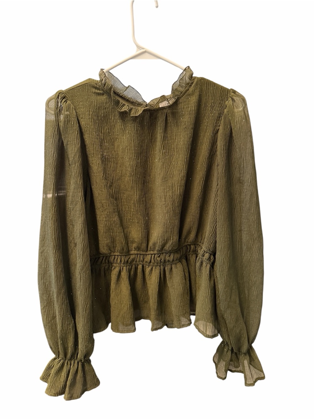 MINE Olive Green Plisse Chiffon Peplum Blouse Sheer Balloon Sleeve Medium
